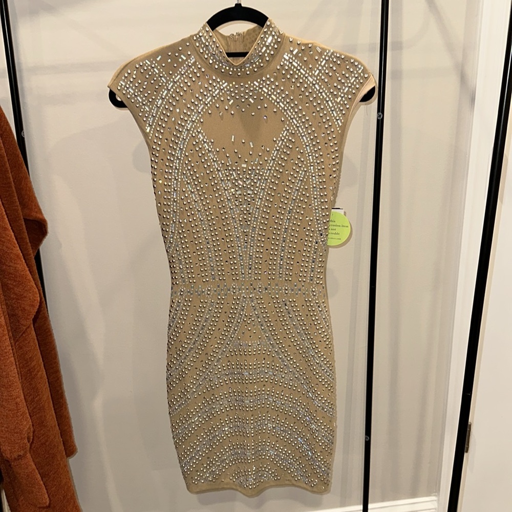 Rhinestone Bling Tan Prom Homecoming Dress